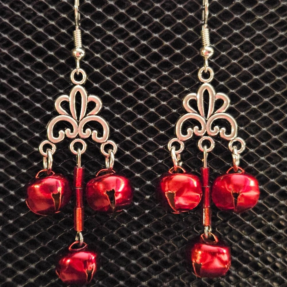 Red jingle bell and glass bugle bead chandelier earrings